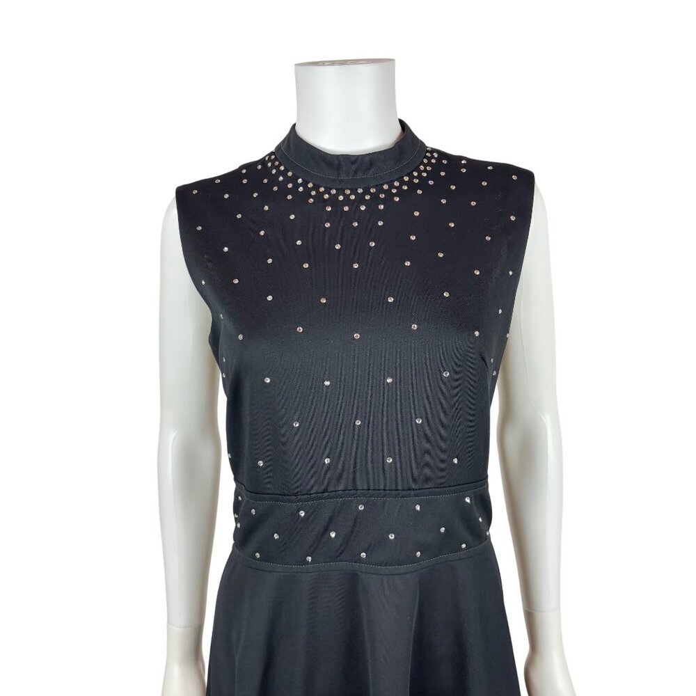 Vintage 70s Cocktail Dress Womens Medium Black Knit Silver Rhinestone Dolly Part - Picture 4 of 11